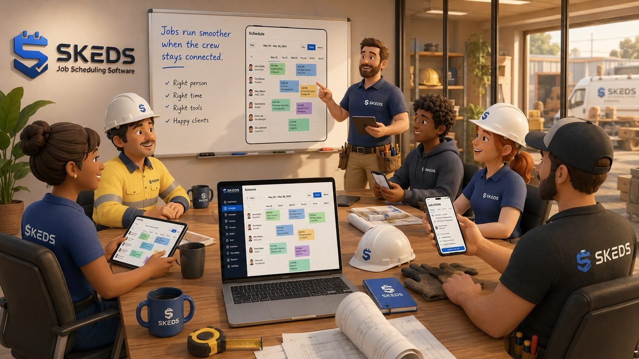 A SKEDS trade team using the job scheduling software