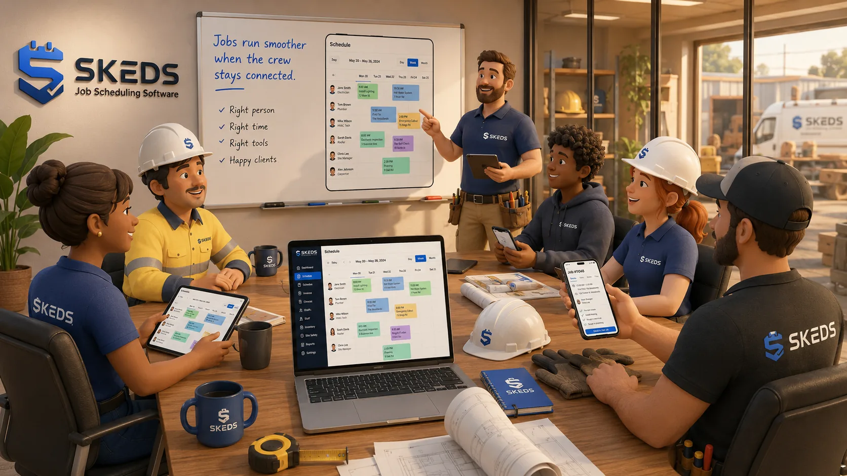 The SKEDS crew, electrician, plumber and HVAC techs, gathered around a table running jobs on laptop, tablet and phone.